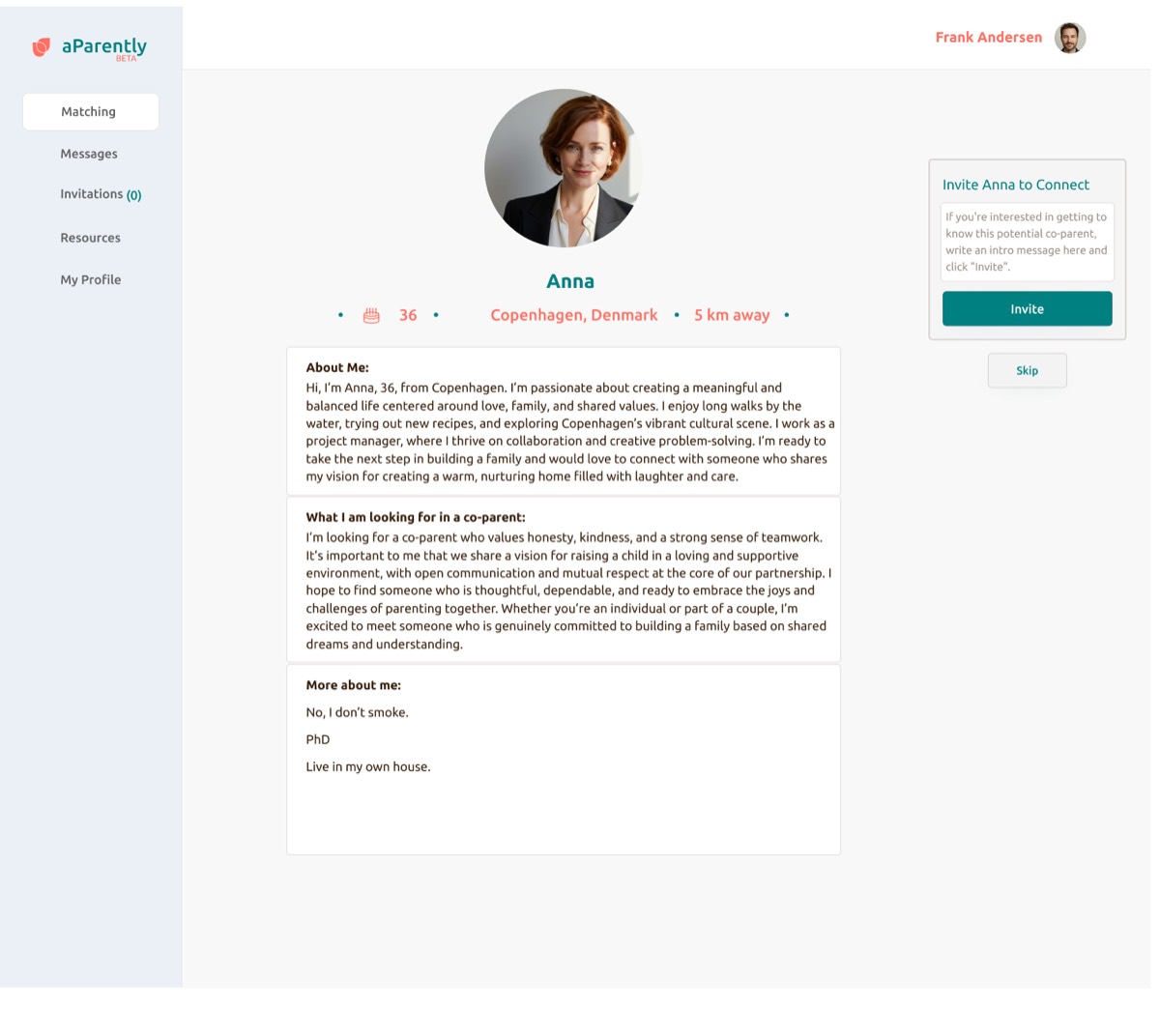Anna's aParently profile, showing her values and what she's looking for in a co-parent