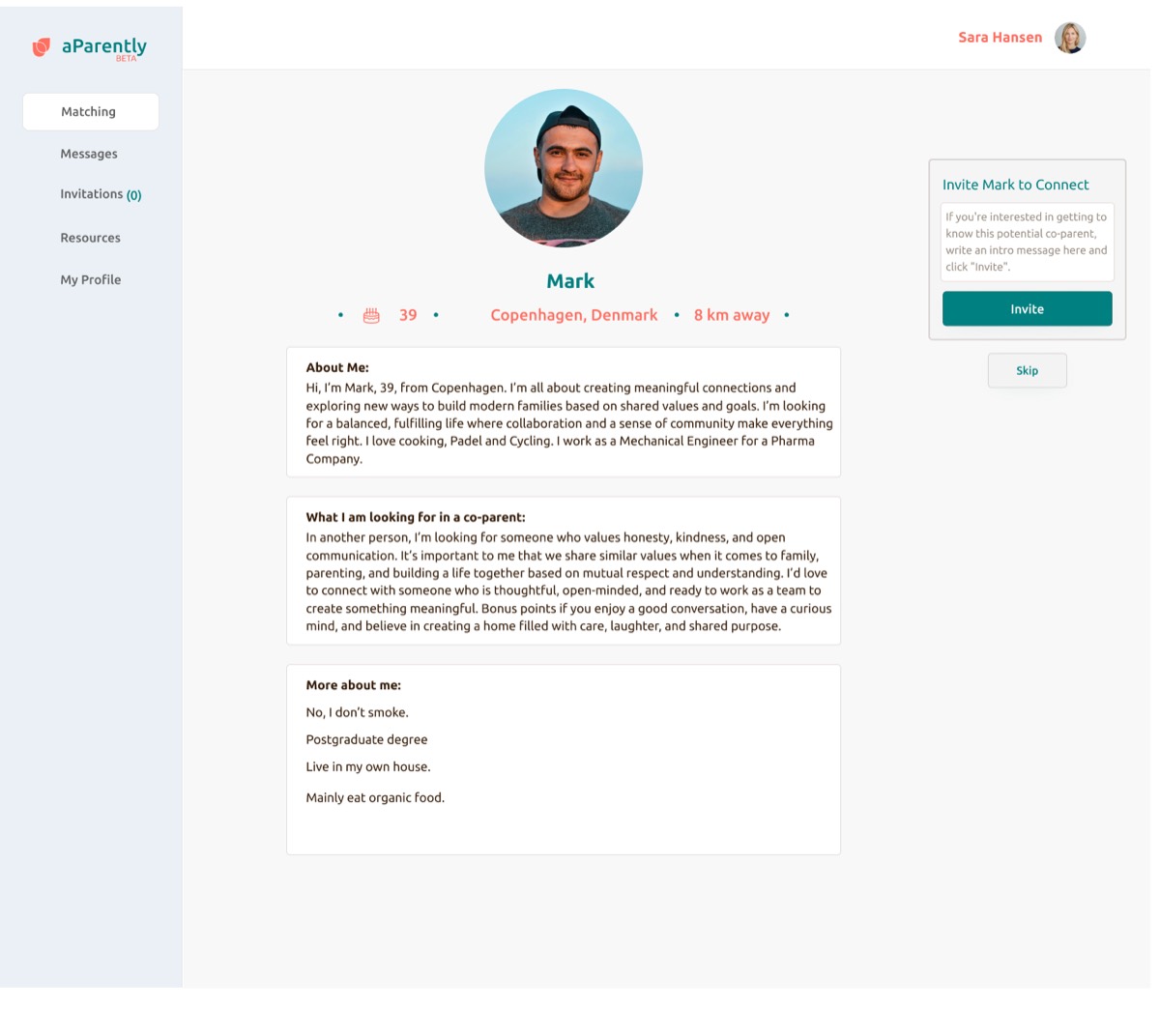 Mark's aParently profile, showing his About Me and co-parenting goals