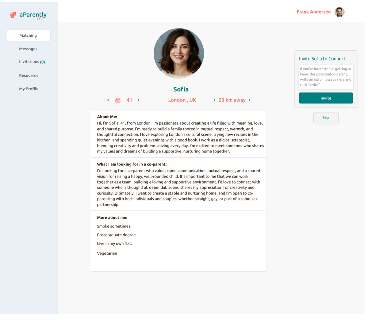 Sofia's aParently profile — her About Me, what she's looking for in a co-parent, and the Invite to Connect panel